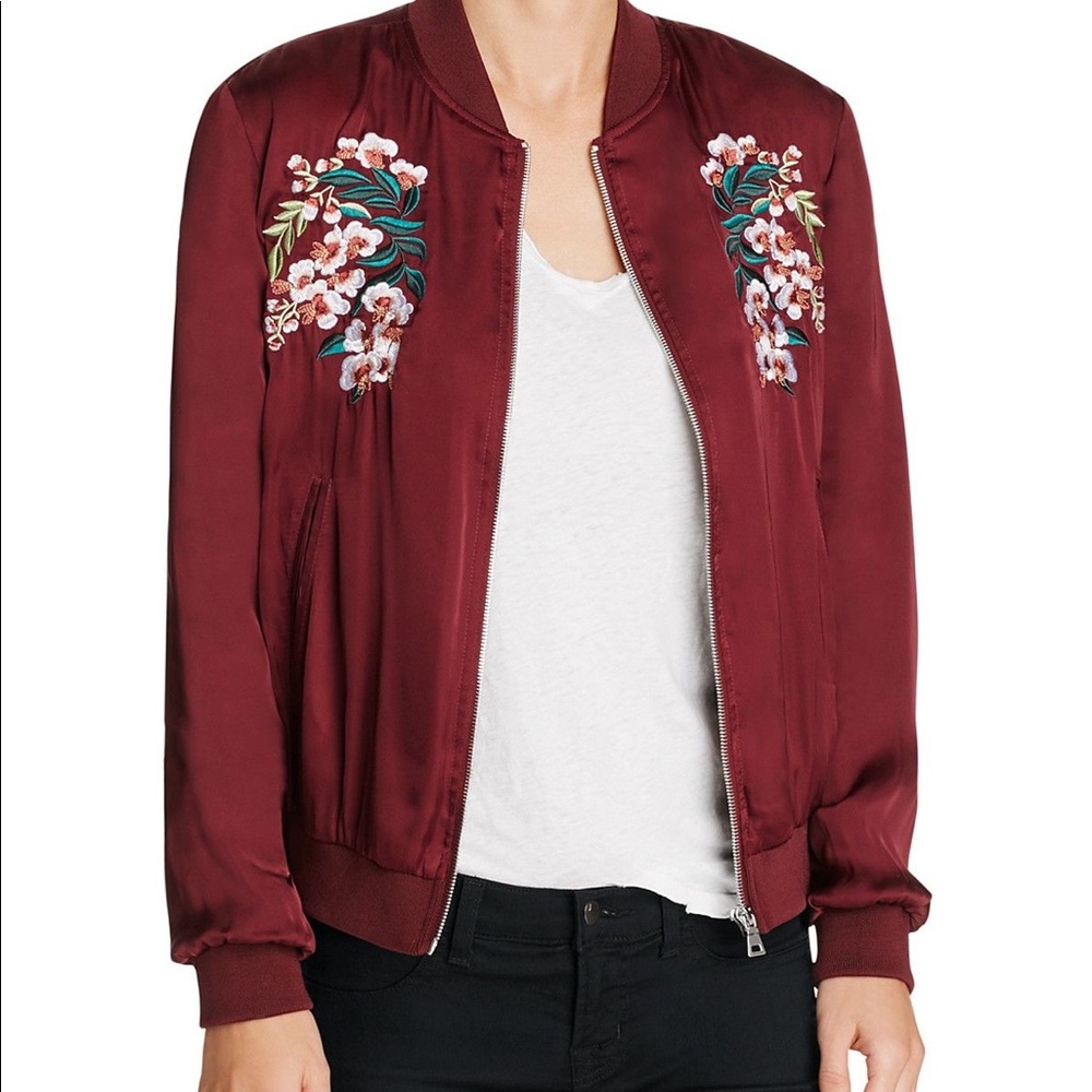 Aqua Satin Bomber Jacket with Zipper Embroidered Floral burgundy